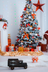 festively decorated Christmas tree. Background for happy new year 2020. free space for text.