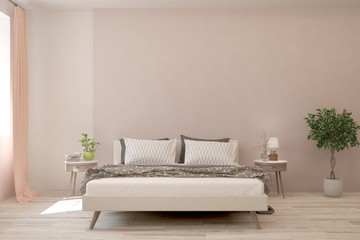 Stylish bedroom in white color. Scandinavian interior design. 3D illustration