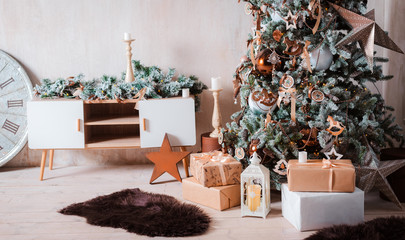 festively decorated Christmas tree. Background for happy new year 2020. free space for text.