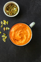 pumpkin soup (first course, carrots, sweet potato delicious vegetable vitamin food) menu concept. food background. copy space. Top view
