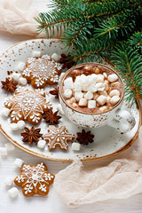 Obraz na płótnie Canvas Cup of hot chocolate with marshmallows and gingerbread cookies
