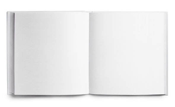 Open square book with blank pages, isolated on white background