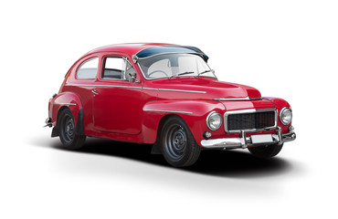 Red classic Swedish car side view isolated on white