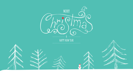 Stock Vector Merry Christmas banner or card. Happy new year Template with white christmas trees, snowman and hand-drawn inscription on bright blue background. Horizontal christmas poster, greeting 