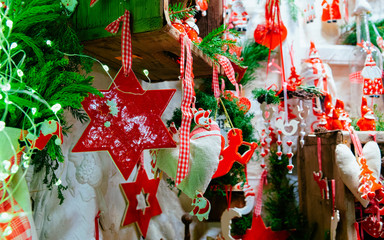 Ceramic Christmas tree decorations on Christmas market Germany in Europe in winter. German Night...