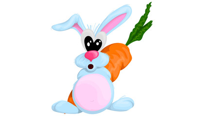 Cute hare hid behind a huge carrot on a white background. Cartoon vector illustration