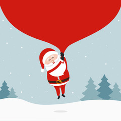 Santa claus holding huge bag and flying to delivery christmas gifts at winter snowy landscape.