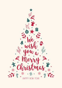 Christmas tree greeting text calligraphy with icon ornament elements beige background