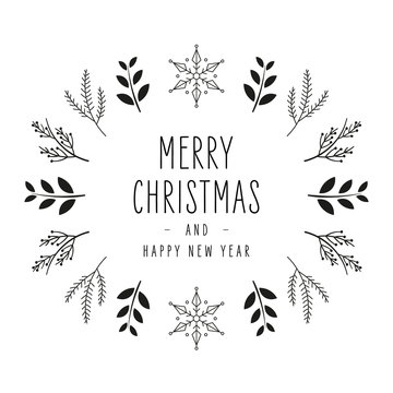 Merry Christmas modern elegant card greetings and fir pine branches on white background