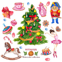 Christmas set with watercolor Nutcracker, children toys, Christmas tree, cookies, leaves, branches, berry, mouse king, hand draw element isolated on white background