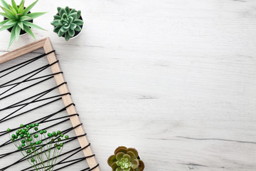 White empty wooden desk seen from above. Copy space for text. Green succulents and cacti with a...