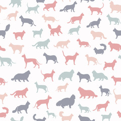 Cat breeds icon set flat style seamless pattern. Cartoon silhouettes cats characters collection