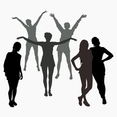 Obraz na płótnie Canvas Vector silhouettes of six young girls. Three girls in shorts with arms raised up and extended to the side. A couple of women are standing embracing. Silhouette of a girl with a bag over his shoulder.