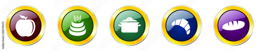 Poster Set of colorful web glossy vector icons,  food, kitchen, fruit and bakery buttons in eps 10 for webdesign and mobile applications on white background