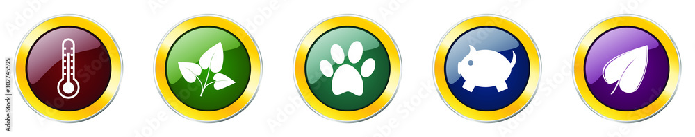 Leinwandbilder set of colorful web glossy vector icons, pig, leaf, plant and thermometer buttons in eps 10 for webd
