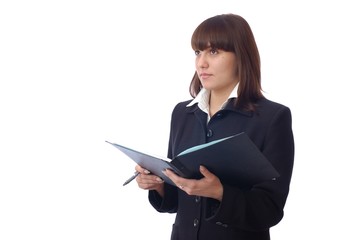 Reflective adorable caucasian white young woman poses with note book and pen. Student education. Female portrait on isolated background