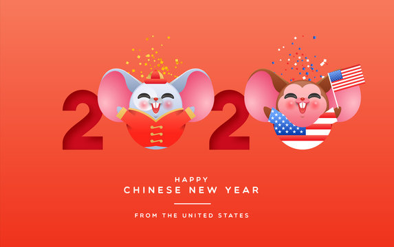 Chinese new year 2020 fun usa rat cartoon card