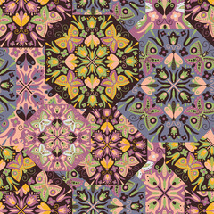 Modern seamless vector floral pattern with kaleidoscope motifs. Can be used for printing on paper, stickers, badges, bijouterie, cards, textiles. 
