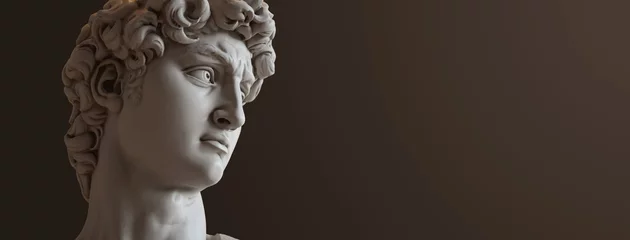 Foto auf Acrylglas David-Skulptur von Michelangelo. Schließen Sie oben mit dunklem Hintergrund. (linke Version) © Negro Elkha