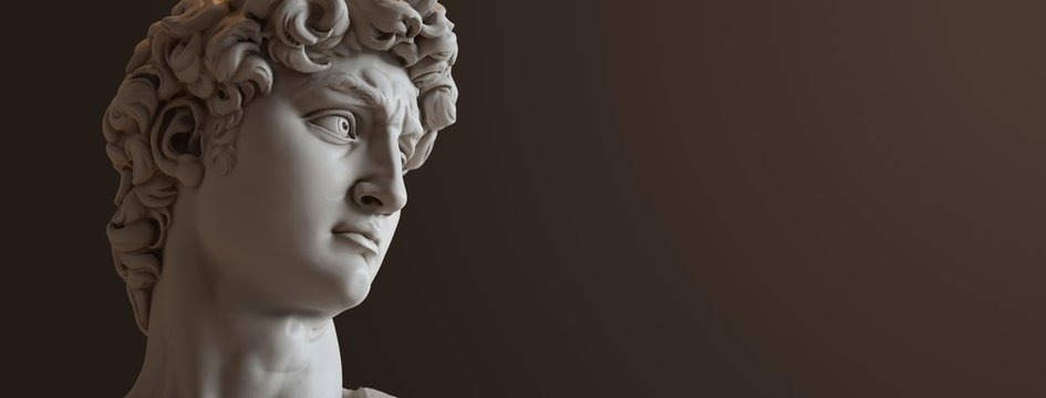 David sculpture by Michelangelo. Close up with dark background. (left version)