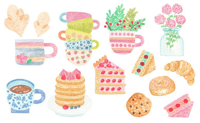 Watercolor cute set of Tea and Sweets elements - kettle, cookie, tea, cake, teapots, pancakes and other tasty food and drinks. Tea Time and Breakfast Time collection.