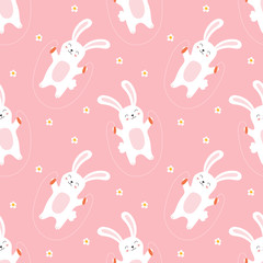 Seamless pattern of cute bunnies jumping rope. Vector illustration for children.