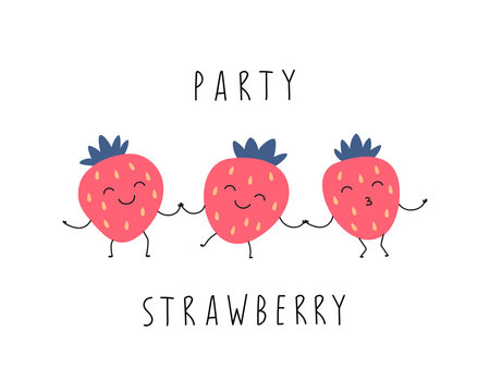 Cartoon funny strawberries are dancing. Vector isolated illustration on a white background.