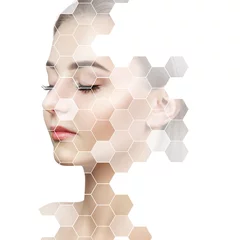 Poster Young sensual woman with mosaic honeycombs on face. © Galaxy_love_design