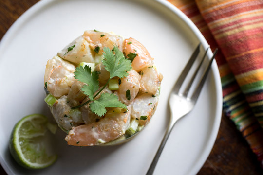 Overhead view of Peruvian&dagger;causa&dagger;on plate