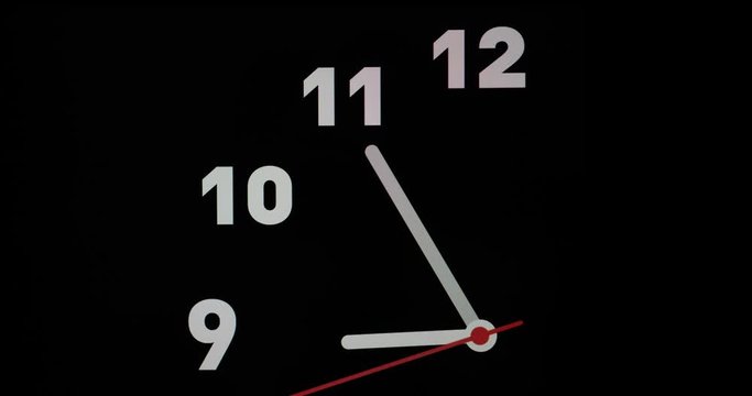 Timelapse or time lapse of clock on black background and movement of clock hands. Royalty high-quality 4k stock video footage time lapse clock with three arrow white hands moving too fast to 9 oclock