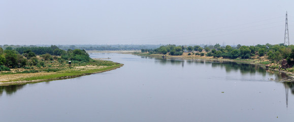 Panorama of Yamuna River and Landsape taken from Taj Mahal Complex. Agra, Uttar Pradesh, India