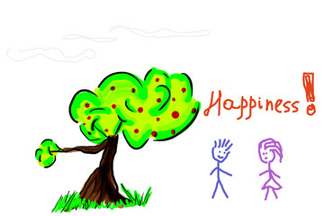 Children's drawings style. a tree and two children with a touch of happiness. Happiness note.