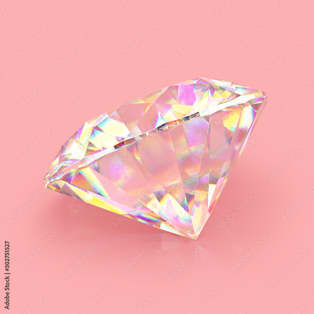 Poster Shimmering shiny sparkling realistic diamond on pink background. Scratches and imperfections on the surface. 3D rendering.