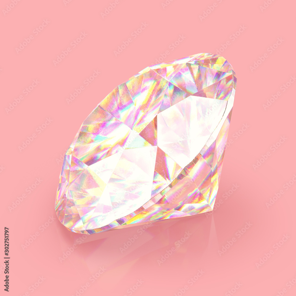 Poster Shimmering shiny sparkling realistic diamond on pink background. Scratches and imperfections on the surface. 3D rendering.