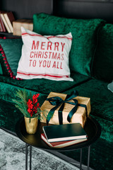 christmas elegant interior green sofa black style