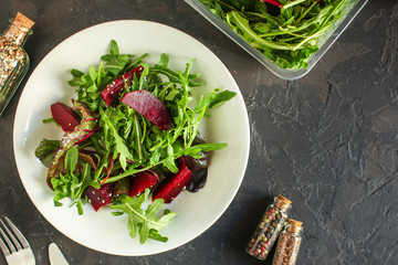 salad beetroot and leaf mix (lettuce, arugula, red chard and more) menu concept. food background. top view. copy space