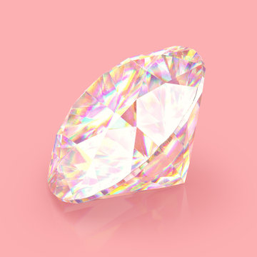 Shimmering shiny sparkling realistic diamond on pink background. Scratches and imperfections on the surface. 3D rendering.