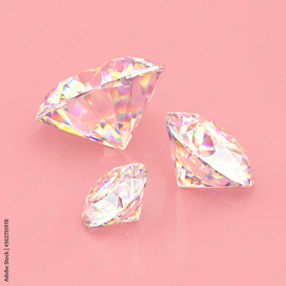 Poster Three round Sparkling diamonds. Scratches and imperfections on the surface. 3D rendering.