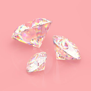 Three round Sparkling diamonds. Scratches and imperfections on the surface. 3D rendering.
