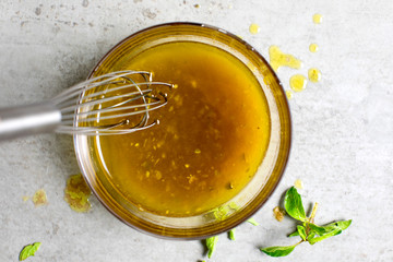 Overhead view of freshly prepared vinaigrette dressing