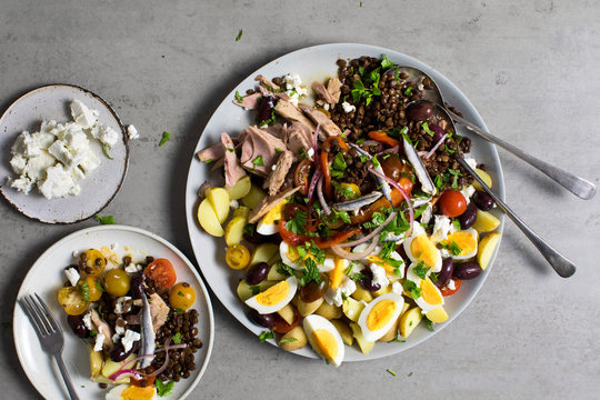 Overhead view of Greek lentil salad