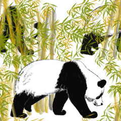 Seamless pattern with walking pandas in the bamboo forest. Black and white panda, yellow and gray bamboo stems, yellow and green bamboo leaves on a white background. Simple drawing.