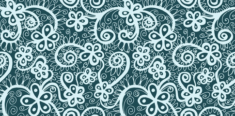 Floral hand drawn blue ornament on dark  background