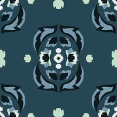Vector Folklore Rose and Leaves Symmetrical Composition on Blue seamless pattern background.