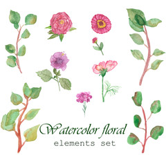 Watercolor hand painted nature eco floral elements set with different green branches and leaves and five rather pink and purple blossom flowers collection isolated on the white background
