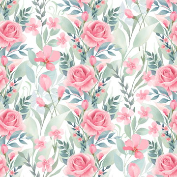 Seamless floral pattern with pink roses on light background, watercolor illustration