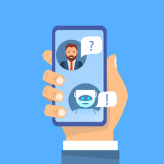 Artificial intelligence.Man chatting asks a question.Robot assistant.Guy asking bot for help.Flat vector.The hand holds the smartphone.