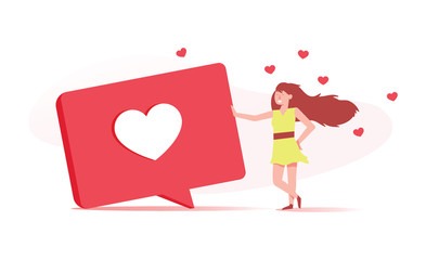 Social networking, promotion, smm concept. Young happy excited woman or girl holding a speech bubble. Sweet lady