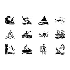 Obraz premium Watersports glyph icons set. Silhouette symbols.Cave diving, kiteboarding, flyboarding and jet skiing. Cliff jumping and paddle surfing. Extreme kinds of sport. Vector isolated illustration
