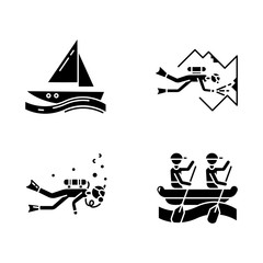 Watersports glyph icons set. Cave diving, sailing and rafting. Extreme kinds of sport. Summer vacation, beach activities. Diving with scuba gear.Silhouette symbols. Vector isolated illustration